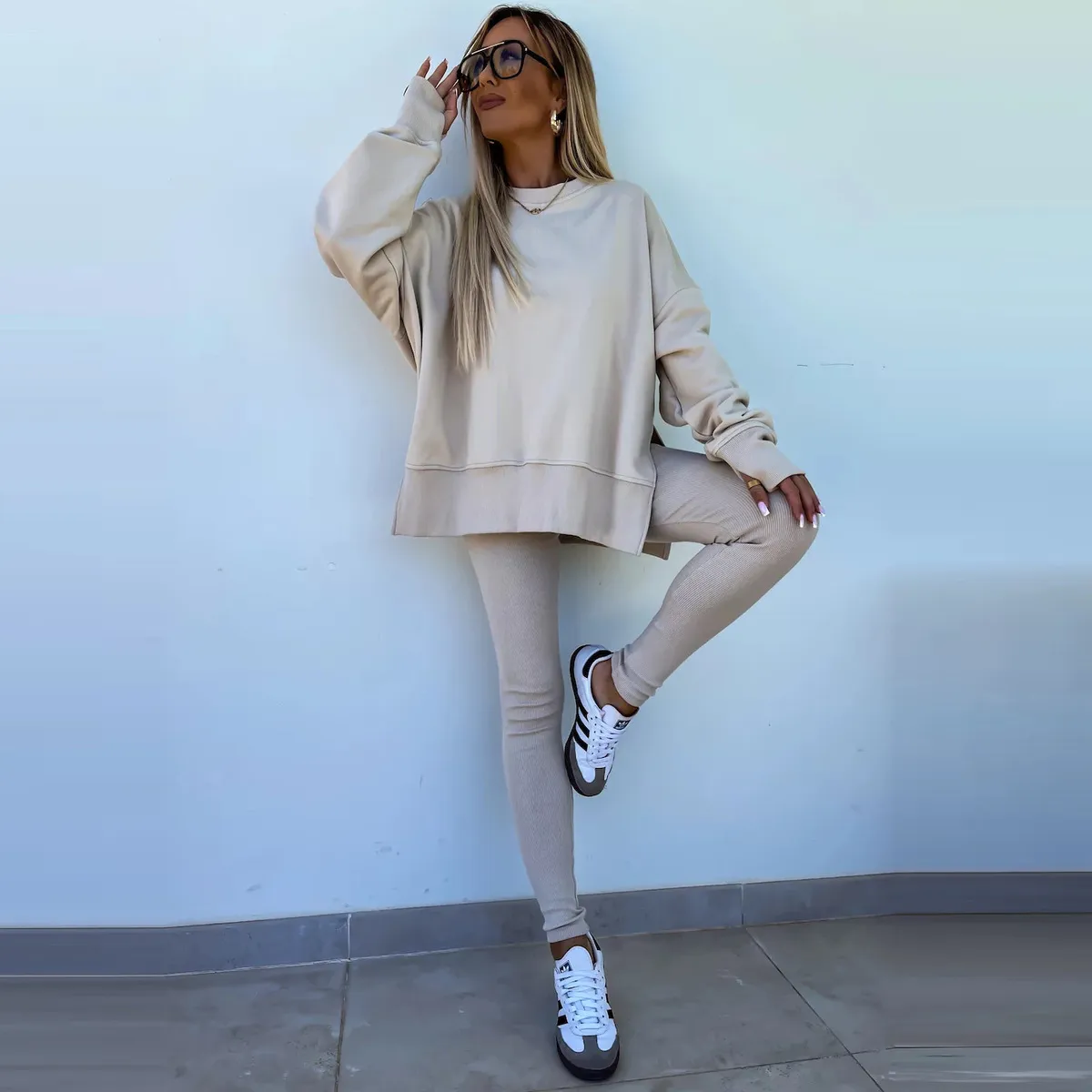 Women Fashion Casual Solid Color Crewneck Long Sleeve Split Sweatshirt Tight Pants Two-Piece Set