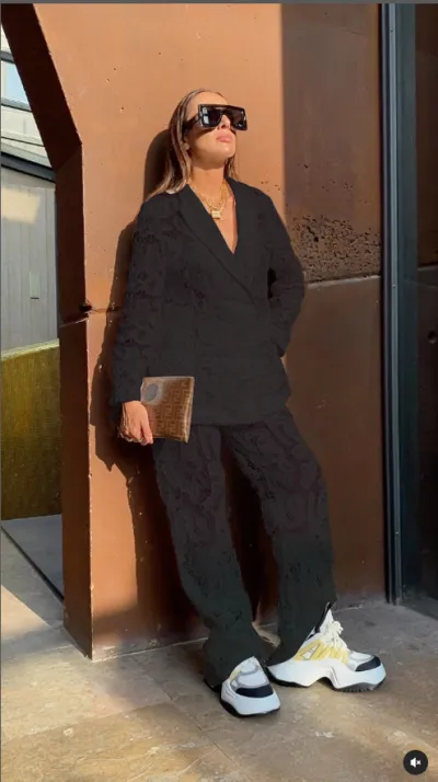 Women Casual Lace V-Neck Long Sleeve Top Pants Two-Piece Set