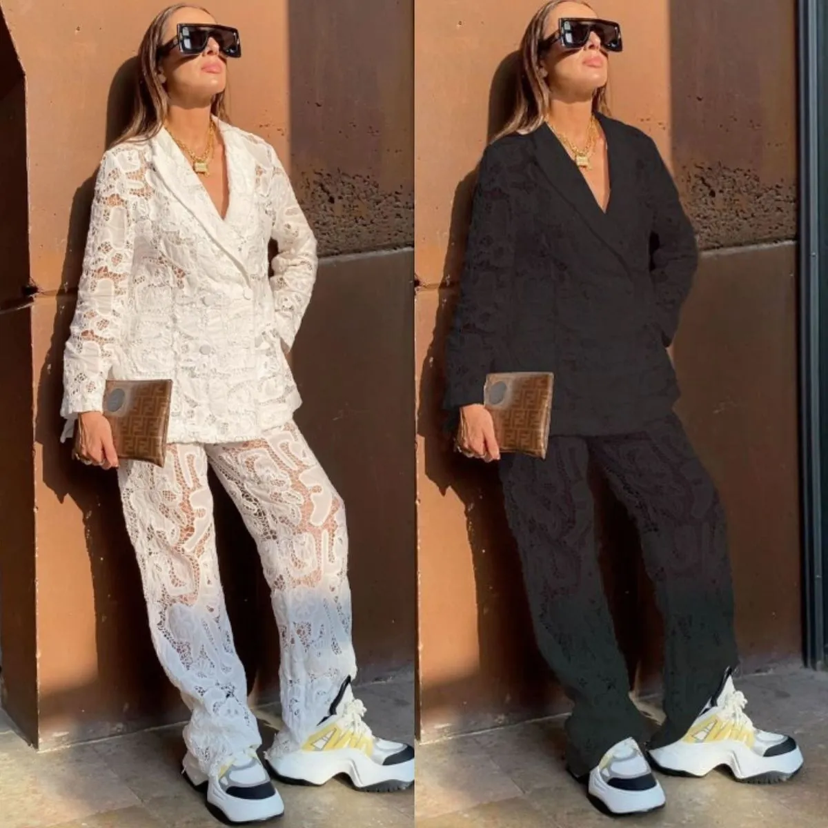 Women Casual Lace V-Neck Long Sleeve Top Pants Two-Piece Set