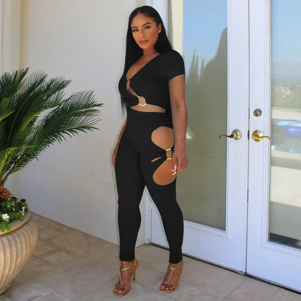 Women's Sexy V-Neck Short Sleeve Crop Top with Hollow Tight Pants Two-Piece Set