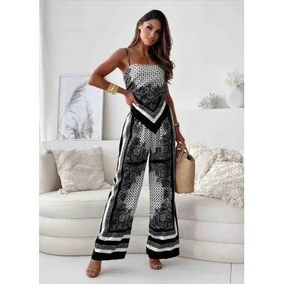 Women Fashion Sexy Graphic Printed Backless Camisole Wide Leg Pants Two-Piece Set