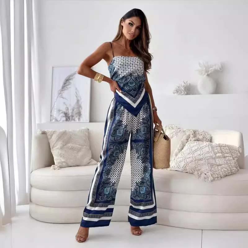 Women Fashion Sexy Graphic Printed Backless Camisole Wide Leg Pants Two-Piece Set