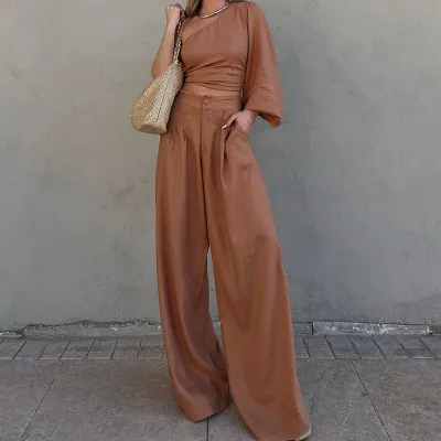 Summer Women's Solid Color Oblique Shoulder Top Wide Leg Pants Two-Piece Set