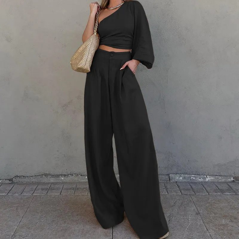 Summer Women's Solid Color Oblique Shoulder Top Wide Leg Pants Two-Piece Set