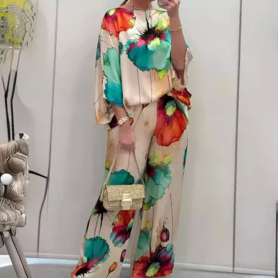 Women's Loose Satin Floral Print Dolman Sleeve Top with Wide Leg Pants Set