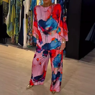 Women's Loose Satin Floral Print Dolman Sleeve Top with Wide Leg Pants Set
