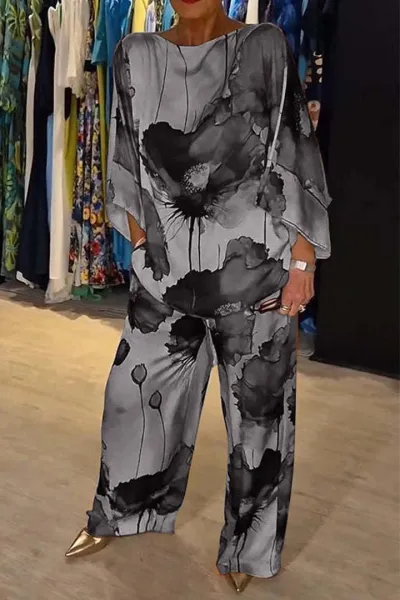 Women's Loose Satin Floral Print Dolman Sleeve Top with Wide Leg Pants Set
