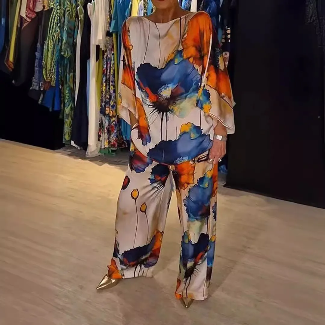 Women's Loose Satin Floral Print Dolman Sleeve Top with Wide Leg Pants Set