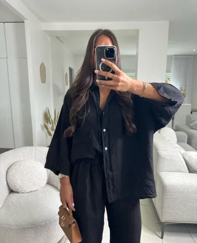 Summer Women Casual Solid Color Lapel Long Sleeve Cotton Linen Shirt Top Pants Two-Piece Set