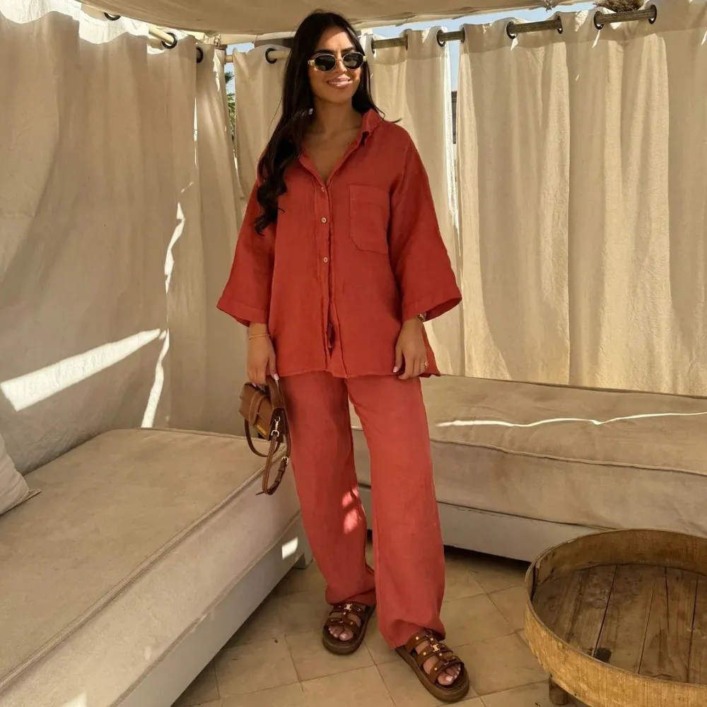 Summer Women Casual Solid Color Lapel Long Sleeve Cotton Linen Shirt Top Pants Two-Piece Set