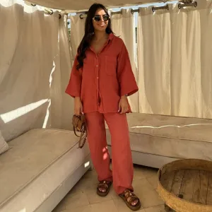 Summer Women Casual Solid Color Lapel Long Sleeve Cotton Linen Shirt Top Pants Two-Piece Set