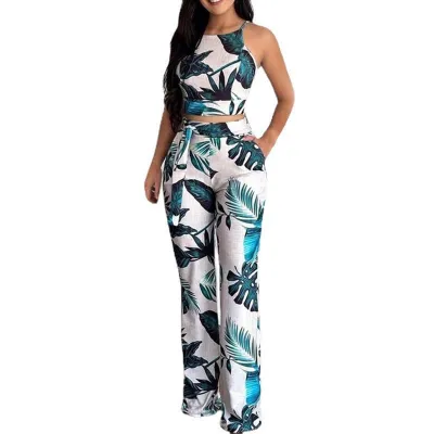 Summer Women Sexy Floral Printed Sleeveless Top Pants Two-Piece Set