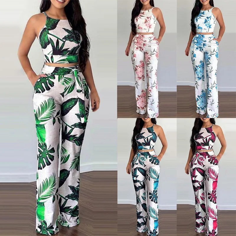 Summer Women Sexy Floral Printed Sleeveless Top Pants Two-Piece Set