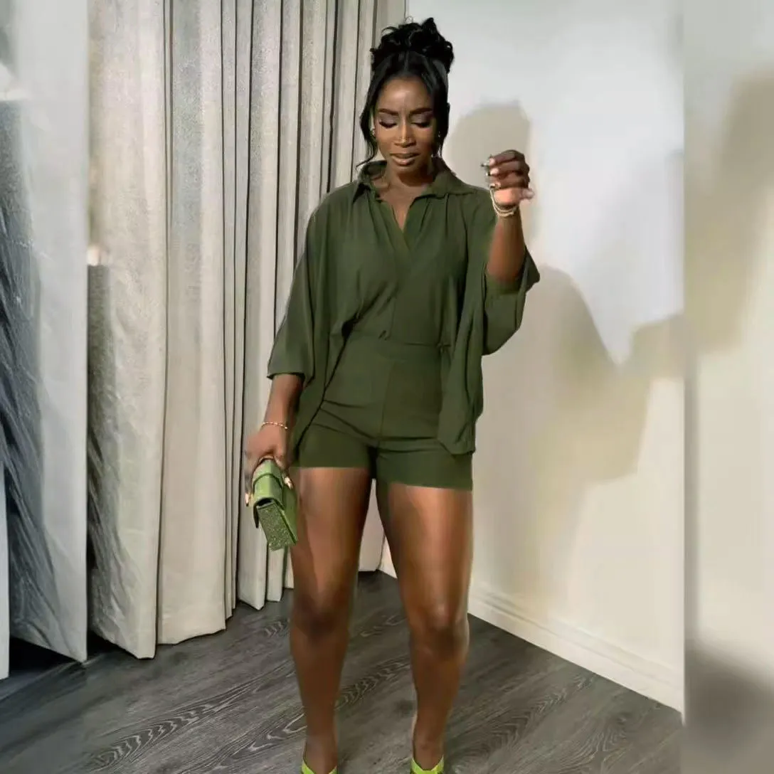 Women's Solid Color Bat Sleeve Shirt Top Shorts Two-Piece Set