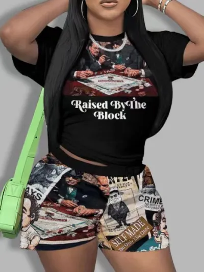 Summer Women's Graphic Print Round Neck Short Sleeve Top Bermuda Shorts Two-Piece Set