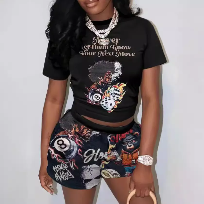 Summer Women's Graphic Print Round Neck Short Sleeve Top Bermuda Shorts Two-Piece Set