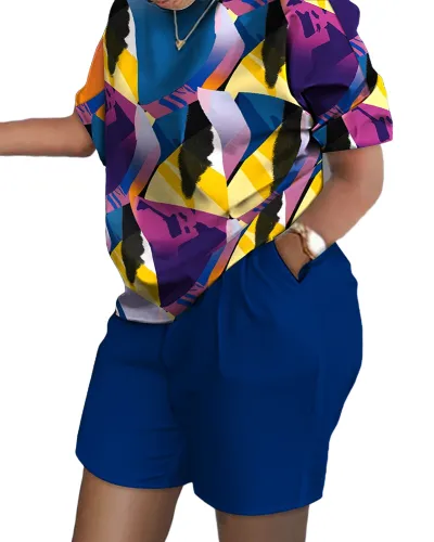 Women Fashion Casual Graphic Printing Round Neck Short Sleeve Top Shorts Two-Piece Set