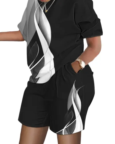 Women Fashion Casual Graphic Printing Round Neck Short Sleeve Top Shorts Two-Piece Set