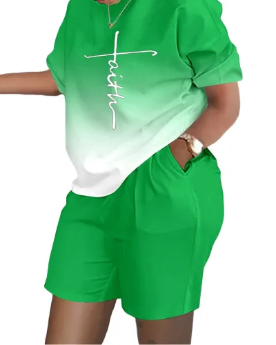 Women Fashion Casual Graphic Printing Round Neck Short Sleeve Top Shorts Two-Piece Set