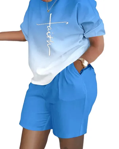 Women Fashion Casual Graphic Printing Round Neck Short Sleeve Top Shorts Two-Piece Set