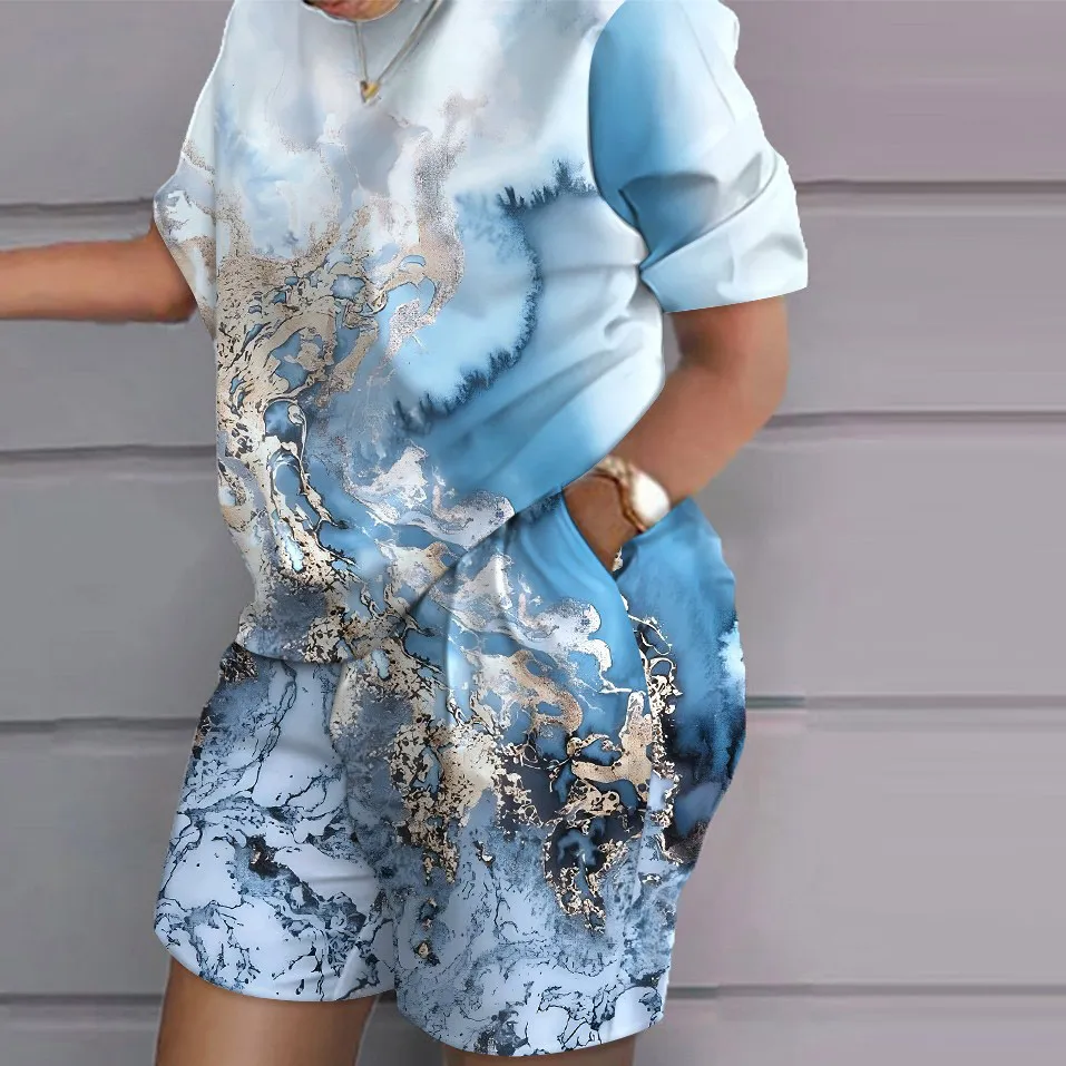 Women Fashion Casual Graphic Printing Round Neck Short Sleeve Top Shorts Two-Piece Set