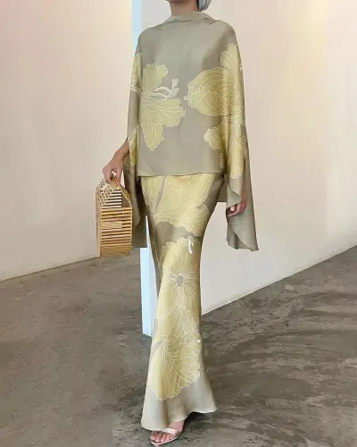 Women Casual Street Style Floral Printed Loose Long Sleeve Top Skirt Two-Piece Set