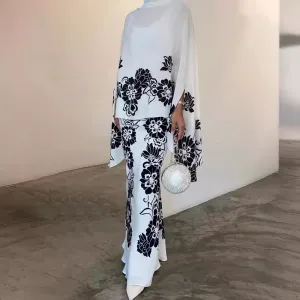 Women Casual Street Style Floral Printed Loose Long Sleeve Top Skirt Two-Piece Set