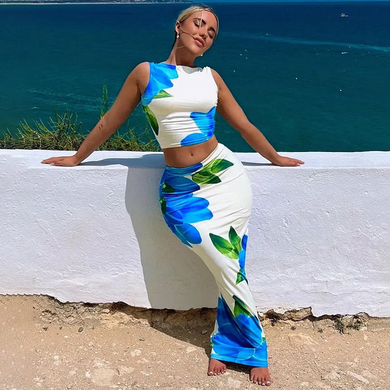Summer Women Sexy Floral Print Sleeveless Crop Top Skirt Two-Piece Set
