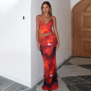 Summer Women Fashion Sexy Graphic Printing V-Neck Camisole Skirt Two-Piece Set