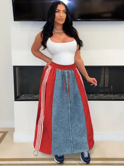 Women Casual Stripe A-Line Loose Denim Skirt