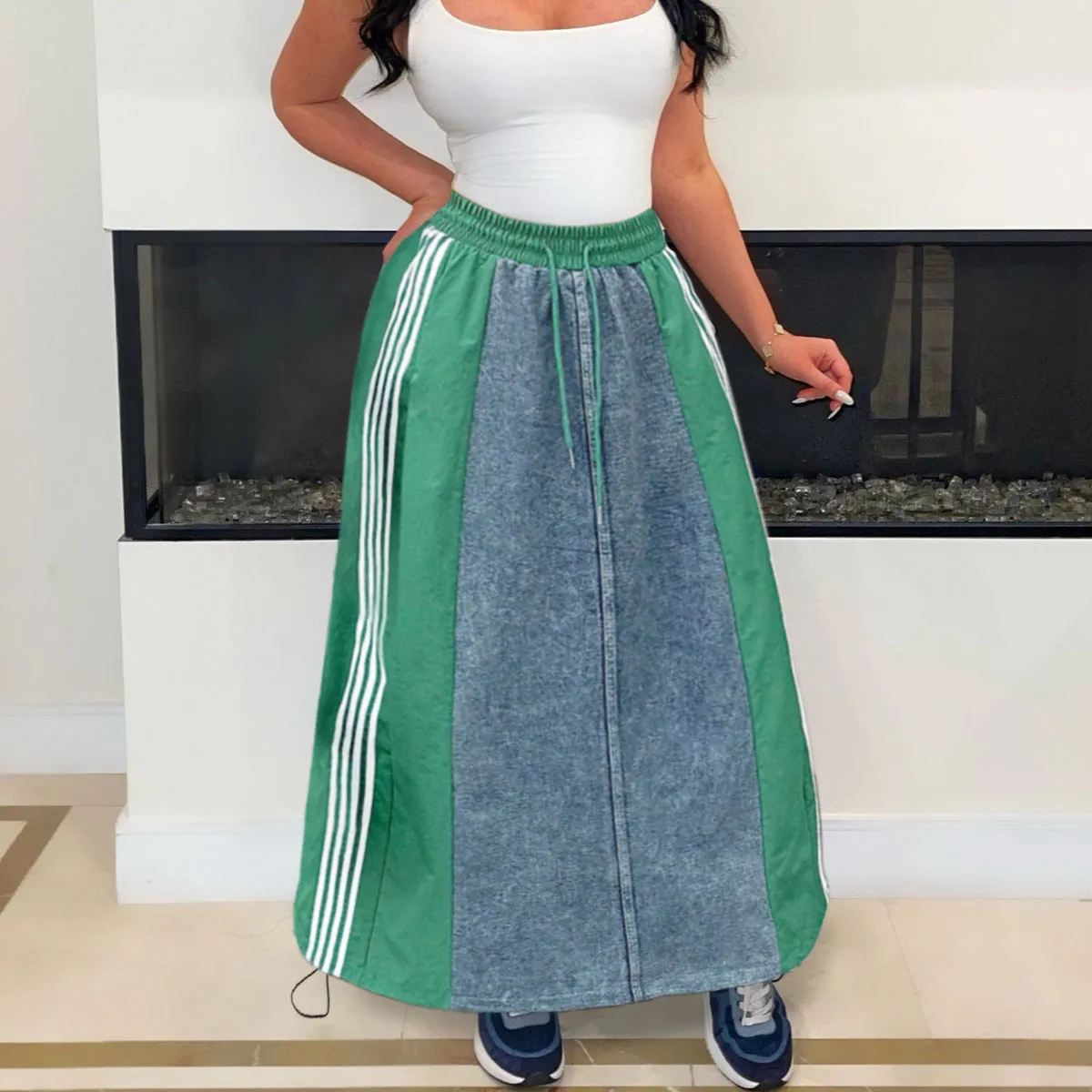 Women Casual Stripe A-Line Loose Denim Skirt