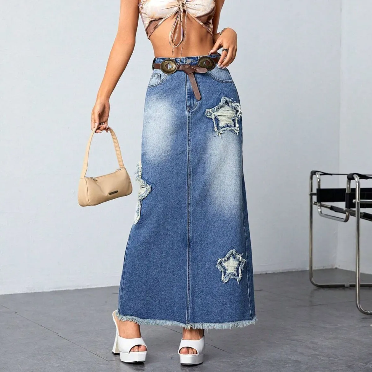 Women High Waist Split Denim Skirt Street Hipster Style