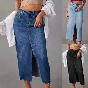 Women High Waist Split Denim Skirt Street Hipster Style