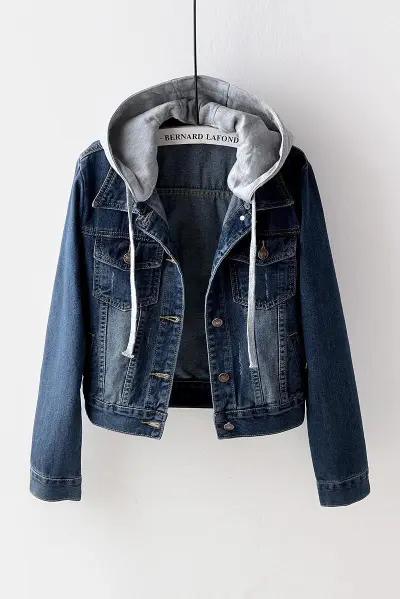 Women Casual Hooded Denim Jacket Long Sleeve Loose Fit