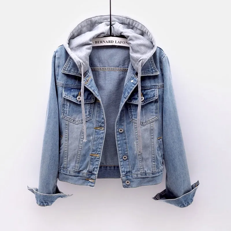 Women Casual Hooded Denim Jacket Long Sleeve Loose Fit