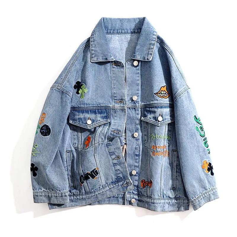 Women Fashion Creative Letter Pattern Embroidered Extra Long Denim Coat Jacket