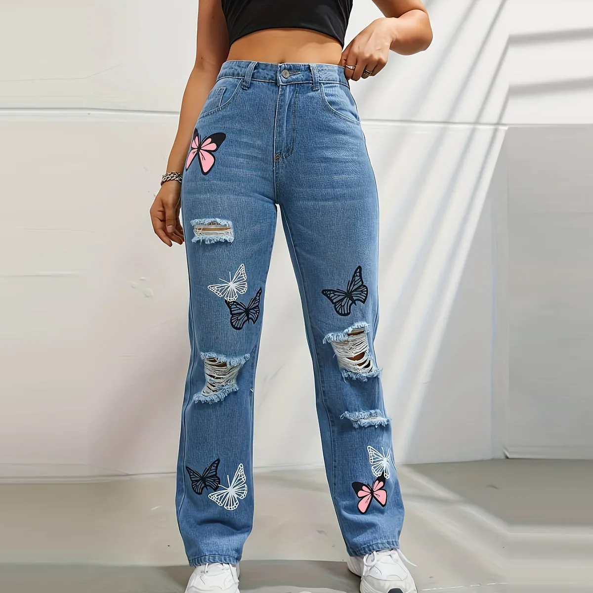 Women Fashion Butterfly Print Ripped Straight Jeans