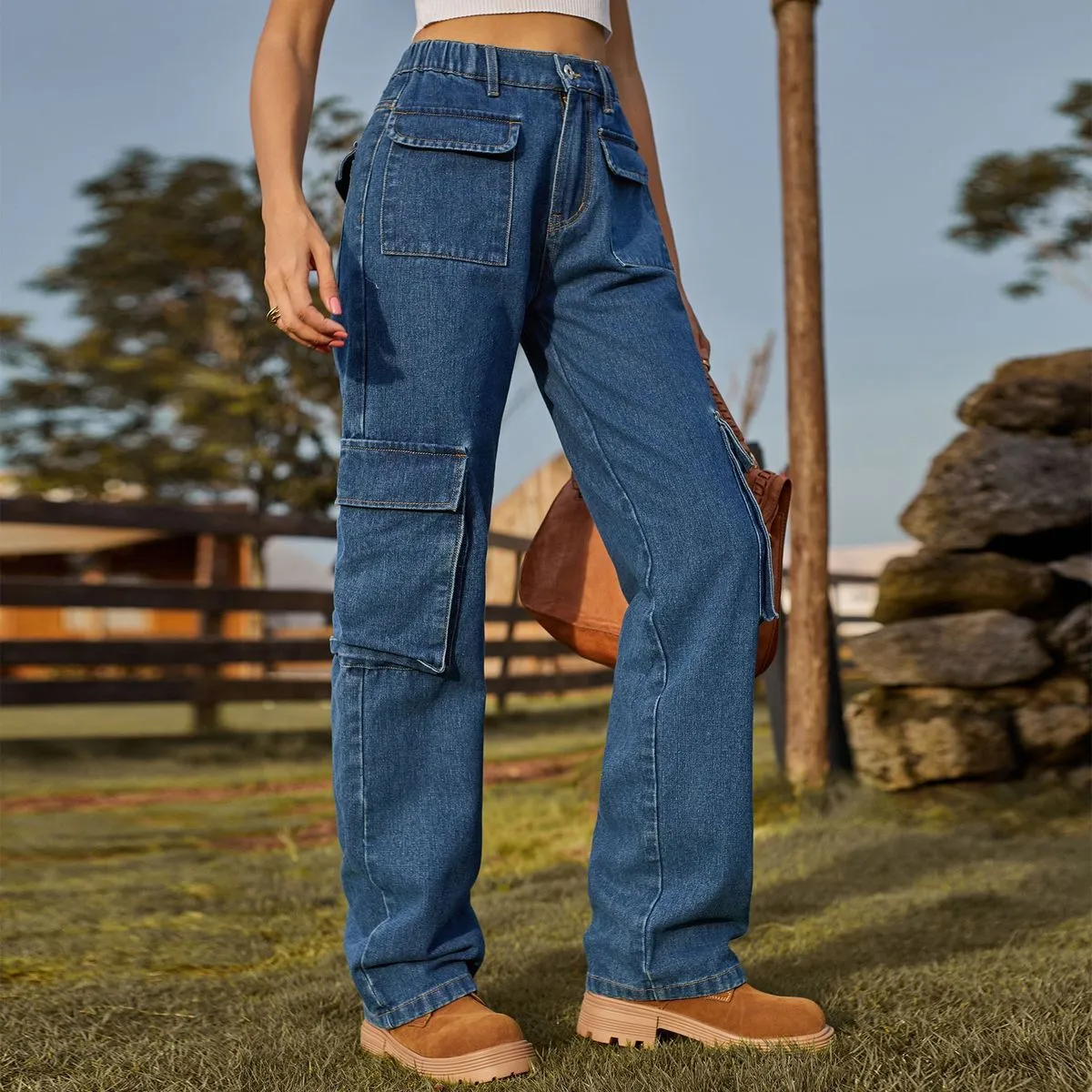 Women Vintage Cargo Jeans with Multi-Pockets, Street Hipster Style, Mid Waist, Straight Fit