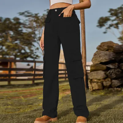 Women Vintage Cargo Jeans with Multi-Pockets, Street Hipster Style, Mid Waist, Straight Fit