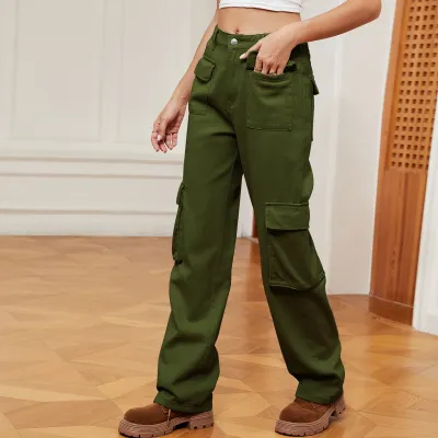 Women Vintage Cargo Jeans with Multi-Pockets, Street Hipster Style, Mid Waist, Straight Fit