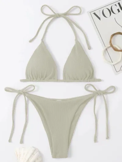 Summer Women Solid Color Sexy Pit Strap Bikini Swimsuit Set