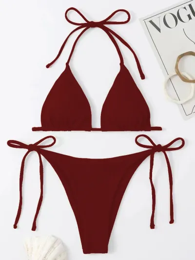 Summer Women Solid Color Sexy Pit Strap Bikini Swimsuit Set
