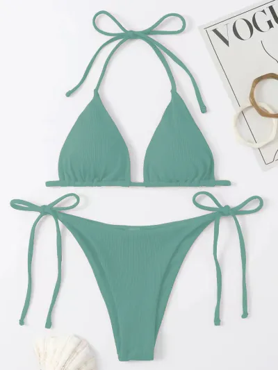Summer Women Solid Color Sexy Pit Strap Bikini Swimsuit Set