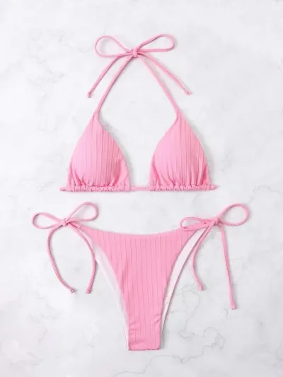 Summer Women Solid Color Sexy Pit Strap Bikini Swimsuit Set