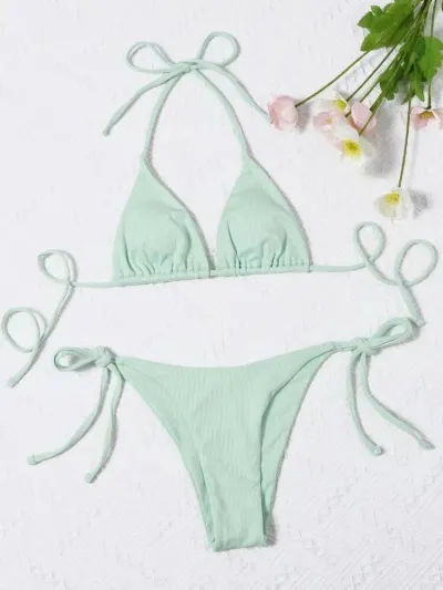 Summer Women Solid Color Sexy Pit Strap Bikini Swimsuit Set