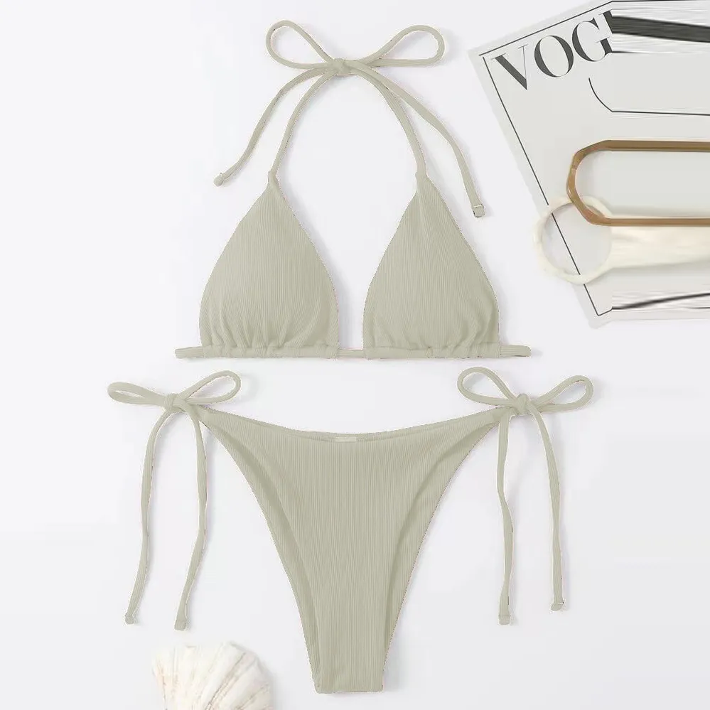 Summer Women Solid Color Sexy Pit Strap Bikini Swimsuit Set