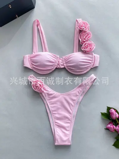 Summer Women Sexy Solid Color Rose Sling Bikini Swimsuit Set