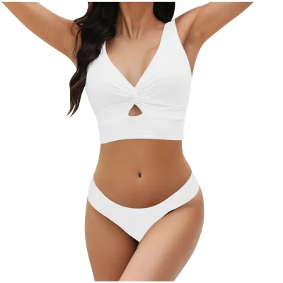 Women's Solid Color Deep V Tankini Swimsuit Set