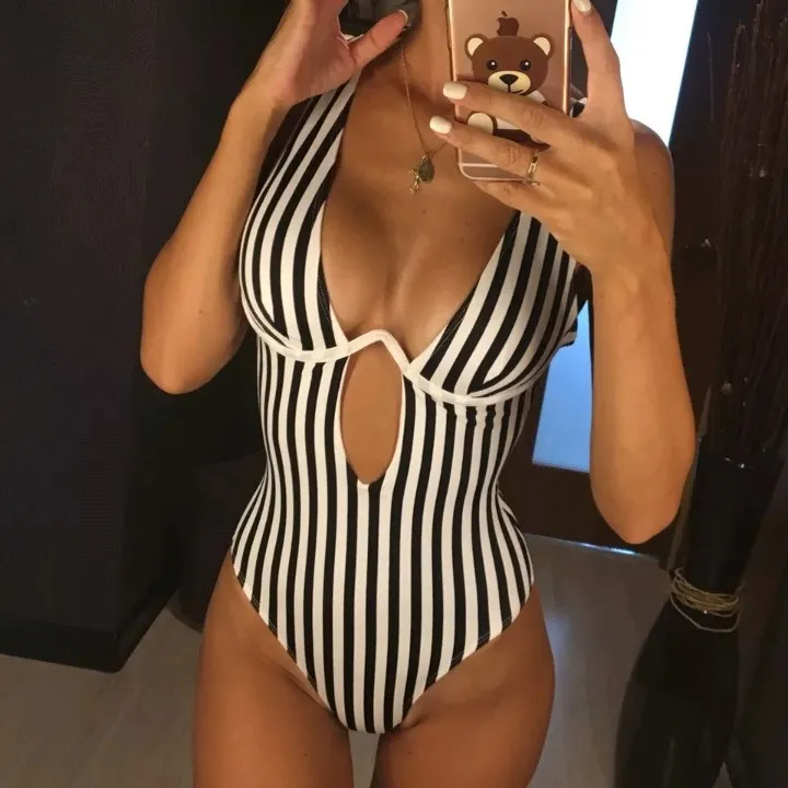 Women Fashion Sexy Deep V Neck Stripe Print One-Piece Swimsuit