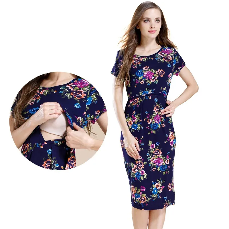 Summer Pregnant Women Fashion Casual Floral Printed Short Sleeve Breastfeeding Dress